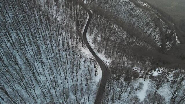 Aerial view of a serpentine road crossing a forest in wintertime with snow on Mount Terminio, Serino, Avellino, Irpinia, Campania, Italy.