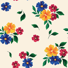 Seamless floral pattern, colorful ditsy print in rustic style. Beautiful botanical design with small hand drawn flowers, leaves in bouquets on a white background.  Vector illustration.