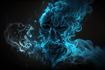 Premium background with a  skeleton face in the middle with blue smoke, digital design , dark wallpaper