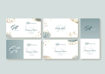 Gift voucher card template. Modern discount coupon or certificate layout with abstract golden art backgrounds and botanical palm leaves Vector illustration.