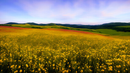 Fototapeta premium Picturesque Wildflower-Covered Green Grassland Hills Landscape Scene With Golden Hour Pastel Pink/Purple/Blue Sky and Light Clouds For a Peaceful Spring and Earth Day Produced By Generative AI