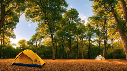 Solo One Yellow Tent in the Forest Campsite for Camping in the Wilderness Park For Adventure Recreation Vacation Living Remotely Offline Off the Grid in the Spring or Summer Produced by Generative AI