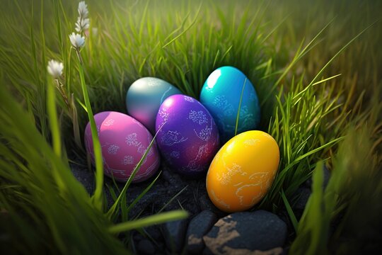 Closeup colorful easter eggs on green grass field created with Generative AI technology
