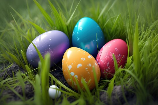 Closeup colorful easter eggs on green grass field created with Generative AI technology