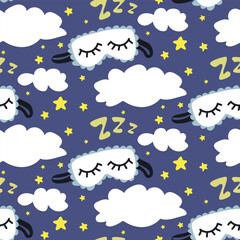 A pattern with a cute headband for sleeping and stars in the clouds. Children's illustration. Printing on paper and textiles. Gift wrapping, background for postcards, banner, fabric.
