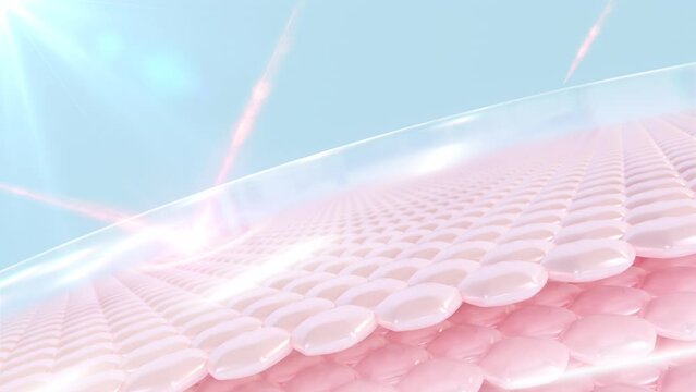 Skin cell 3D animation. UV-protective skin cells. advertisements for creams, serums, and sunscreens. Ultraviolet protection shield reflects.