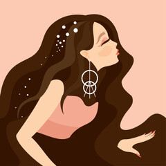 Beautiful young woman in profile with makeup, closed eyes, and with long wavy brown hair. Round earring in the ear. Well-groomed hand with manicure. Pink dress. Vector illustration. Beauty and fashion