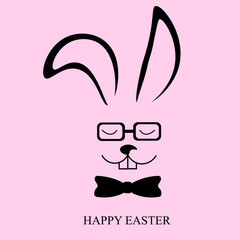 Style easter greeting card with bunny in bow tie. Black rabbit in bowtie and glasses on pink background. Gentleman bunny.