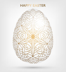 Decorative Easter white egg with golden patterns, mandala. Traditional ornamental floral spring egg. Abstract geometric vector illustration for Easter holiday, greeting card, invitation, web design