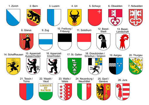 Coat of arms of all Swiss Cantons with names and official numbers all on one set. Illustration made February 12th, 2023, Zurich, Switzerland.