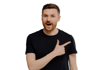 Amazed man pointing at upper right corner, found out special offer