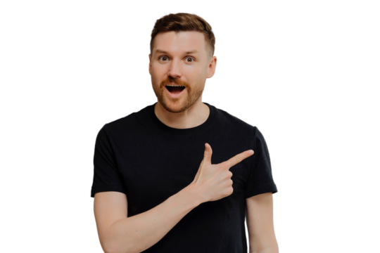 Amazed man pointing at upper right corner, found out special offer - Powered by Adobe