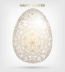 Decorative Easter white egg with golden patterns, mandala. Traditional ornamental floral spring egg. Abstract geometric vector illustration for Easter holiday, greeting card, invitation, web design