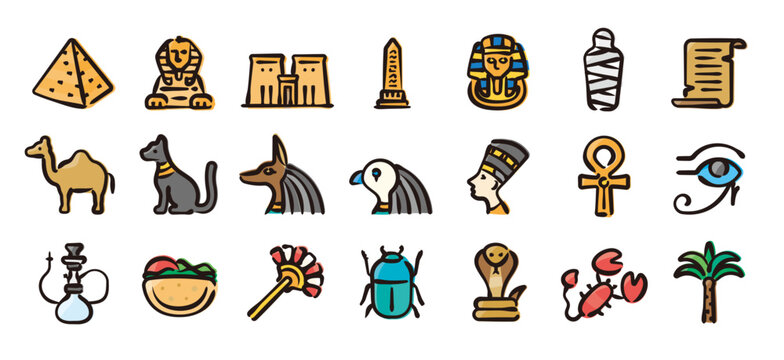 Egypt icon set (Hand-drawn line, colored version)