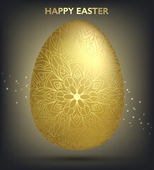 Decorative Easter golden egg with patterns, mandala. Traditional hand drawn ornamental floral spring egg. Abstract geometric vector illustration for Easter holiday, greeting card, invitation, web