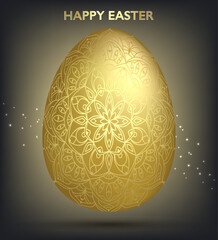 Decorative Easter golden egg with patterns, mandala. Traditional hand drawn ornamental floral spring egg. Abstract geometric vector illustration for Easter holiday, greeting card, invitation, web