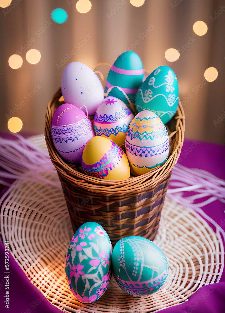 Wall mural Colourfull Eastereggs in a basket / Easter Egg Eggs / Ostern / Eastern / Copy Space - blank space