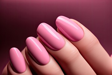 Close up beautiful woman nails pink color. Skin care for hands, manicure and beauty treatment. Elegant and graceful hands with slender graceful fingers. AI generative