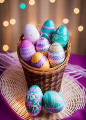 Colourfull Eastereggs in a basket / Easter Egg Eggs / Ostern / Eastern / Copy Space - blank space