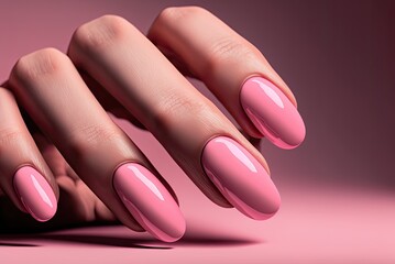 Close up beautiful woman nails pink color. Skin care for hands, manicure and beauty treatment. Elegant and graceful hands with slender graceful fingers. AI generative