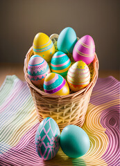 Colourfull Eastereggs in a basket / Easter Egg Eggs / Ostern / Eastern / Copy Space - blank space