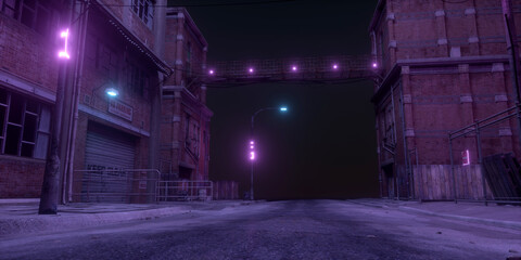 Photorealistic 3D illustration of a Neon night street in the industrial area. Outskirts of cyberpunk city.
Blue and violet neon lights. Urban scene.