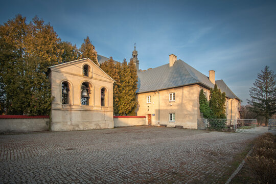 Historic church in the village of Widawa, Poland.