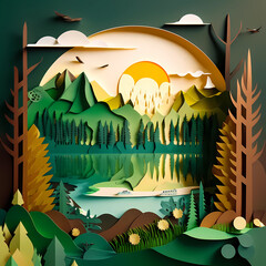 landscpae of forest in paper cut style