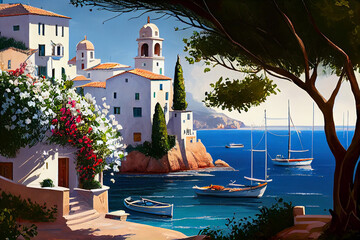 Italian city on seashore, white houses, green trees, flowers, sun, blue sky, boats, heat.