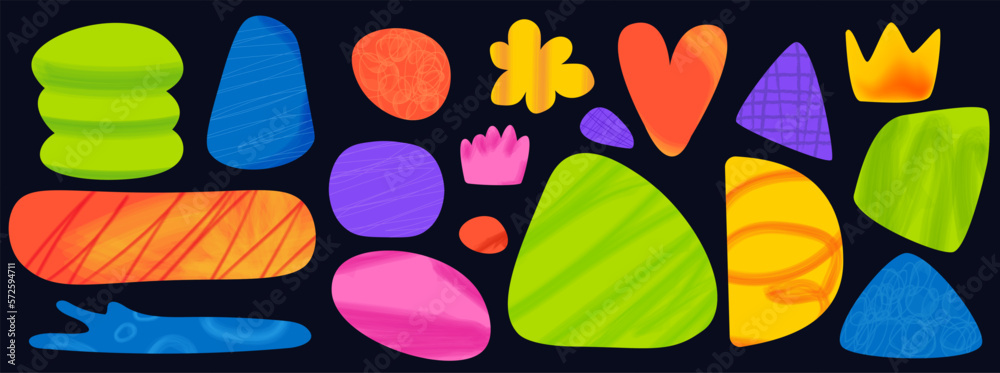 Poster Modern geometric shapes. Soft gradients and textures. Triangle and heart and crown shapes. Pastel pencil and marker texture. Vector collection of pack elements.