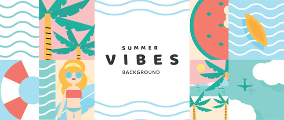 Summer geometric background vector. Colorful abstract wallpaper with simple shapes, watermelon, woman in bikini, beach, sea wave. Happy summertime symbol illustration design for poster, cover, banner.