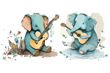 guitarist funny Cute doodle elephant with watercolor illustration © designsy24 