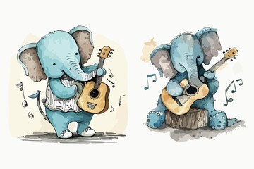 guitarist funny Cute doodle elephant with watercolor illustration © designsy24 