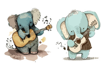guitarist funny Cute doodle elephant with watercolor illustration