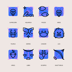 Zodiac horoscope astrological thin line label linear design esoteric stylized elements symbols signs. Vector illustration icons