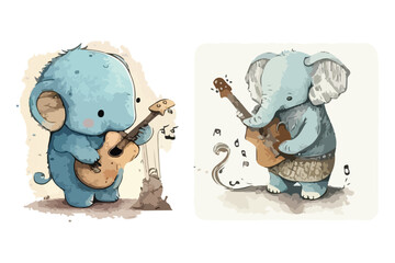 guitarist funny Cute doodle elephant with watercolor illustration © designsy24 