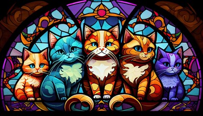 Cats on stained glass window, colorful illustration, pattern background - generative ai