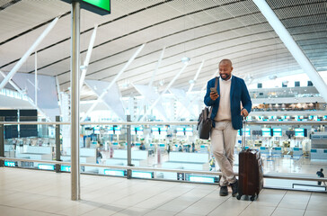 Black man standing in airport, smile and phone with online flight schedule or visa application for...