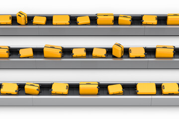 Airport luggage conveyor belt or baggage claim area with suitcases on white.