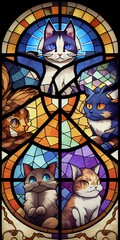 Cats on stained glass window, colorful illustration, pattern background - generative ai