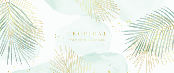 Tropical foliage watercolor background vector. Summer botanical design with gold line art, palm leaves, green watercolor texture. Luxury tropical illustration for banner, poster, web and wallpaper.