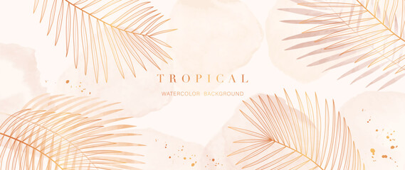 Tropical foliage watercolor background vector. Summer botanical design with gold line art, palm leaf, orange watercolor texture. Luxury tropical illustration for banner, poster, web and wallpaper.