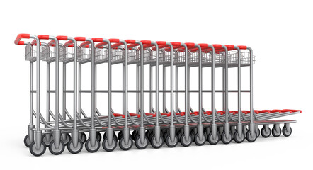 Airport luggage carts or baggage trolley side on white background