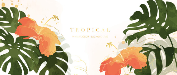 Tropical foliage watercolor background vector. Summer botanical design with gold line art, monstera leaves, hibiscus flowers. Luxury tropical jungle illustration for banner, poster, web and wallpaper.