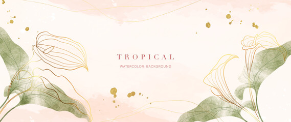Tropical foliage watercolor background vector. Summer botanical design with gold line art, monstera, leaves, flamingo flowers. Luxury tropical jungle illustration for banner, poster and wallpaper.