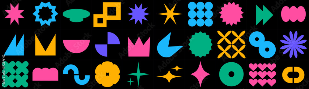 Poster geometric figures in the style of brutalism. trendy geometry. crowns and stars and daisy flowers. se