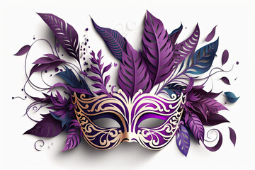 purple color Mardi Gras mask illustration with leaves and feathers - obrazy, fototapety, plakaty