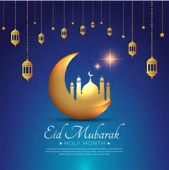 Beautiful eid mubarak design template with mosque and crescent moon vector