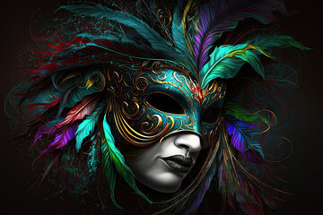 woaman wearing Mardi Gras mask illustration with colorful feathers