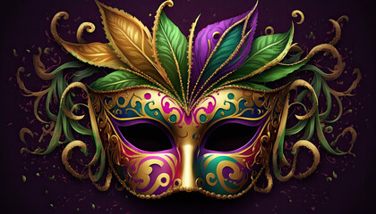 Mardi Gras mask illustration with feathers and gold filigree